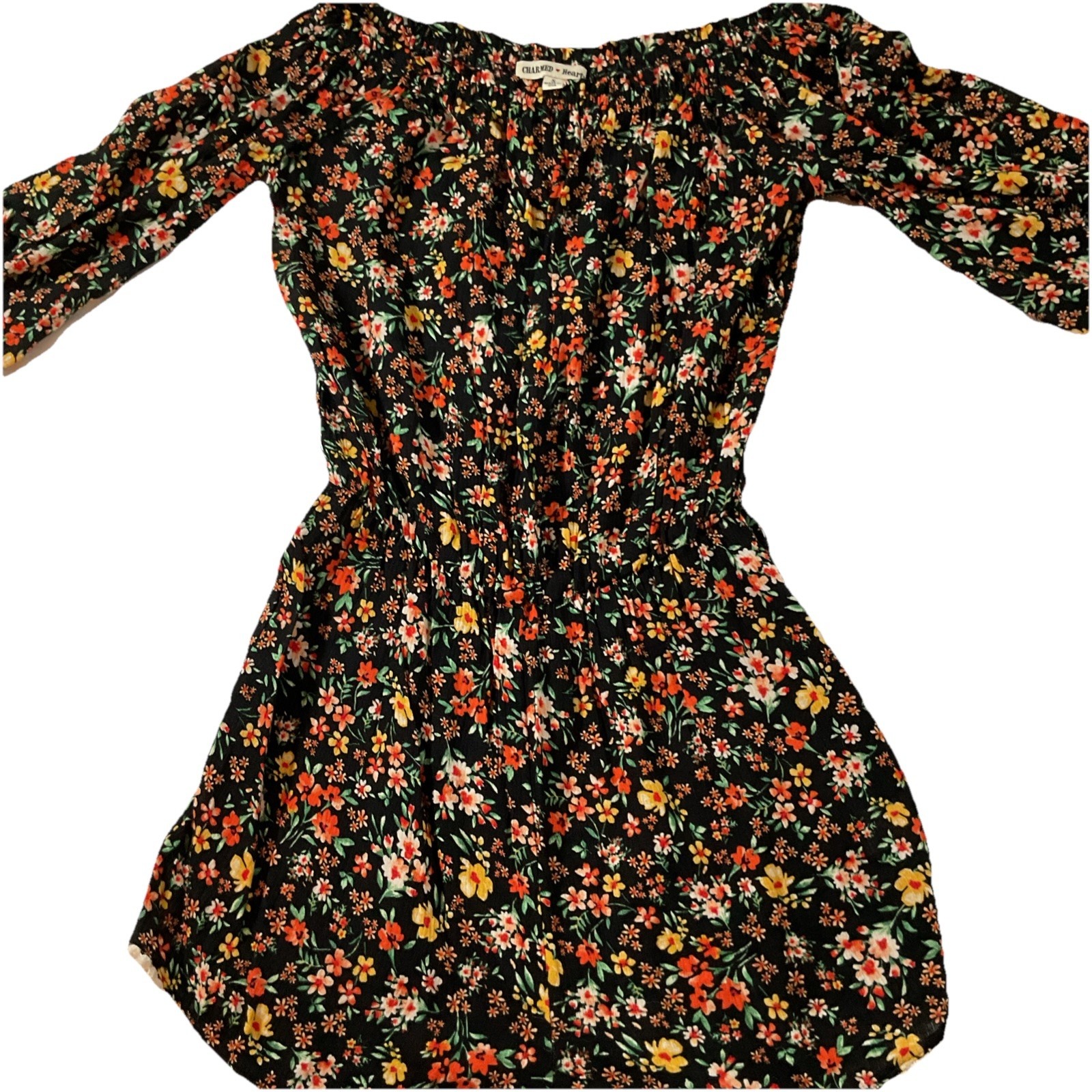 Charmed Hearts 100% Rayon Black Floral W/Tie Belt Romper Sz Small Made Usa J50